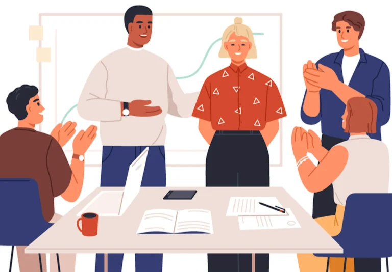 A team of diverse professionals applauds a successful presentation in a modern office.