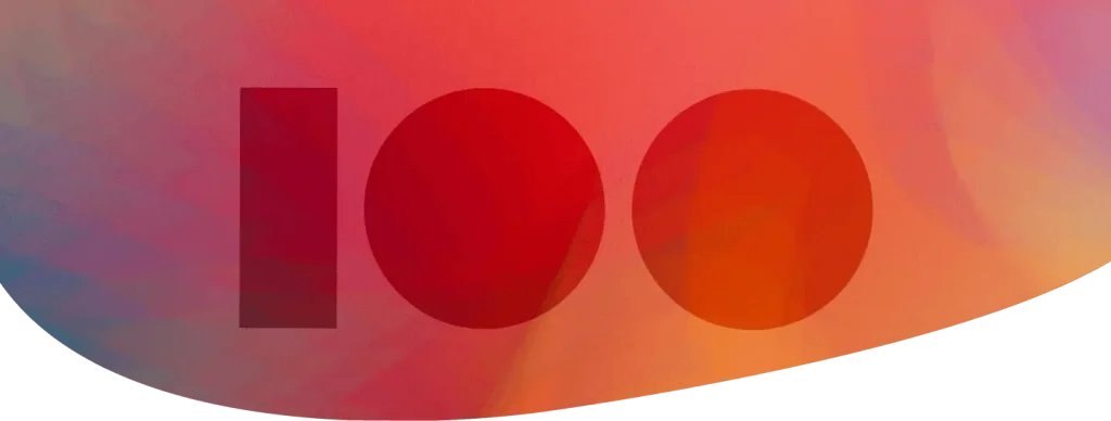 Stylized number one-hundred in red shapes over a soft multicolor gradient background.
