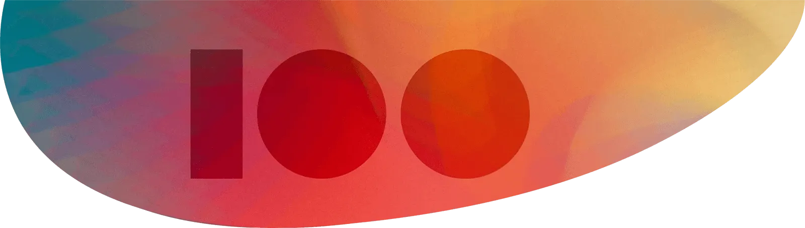 The number 100 in red, against an abstract background of orange, red, and blue.