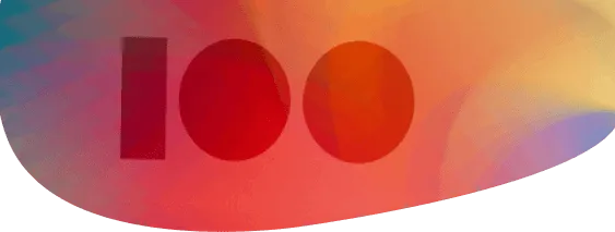 The number 100 in red, against an abstract background of orange, red, and blue.